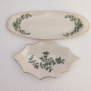 Lenox Holiday Set 9" Butter Dish & 7" Trinket Tray Holly Berries 24K Gold Trim